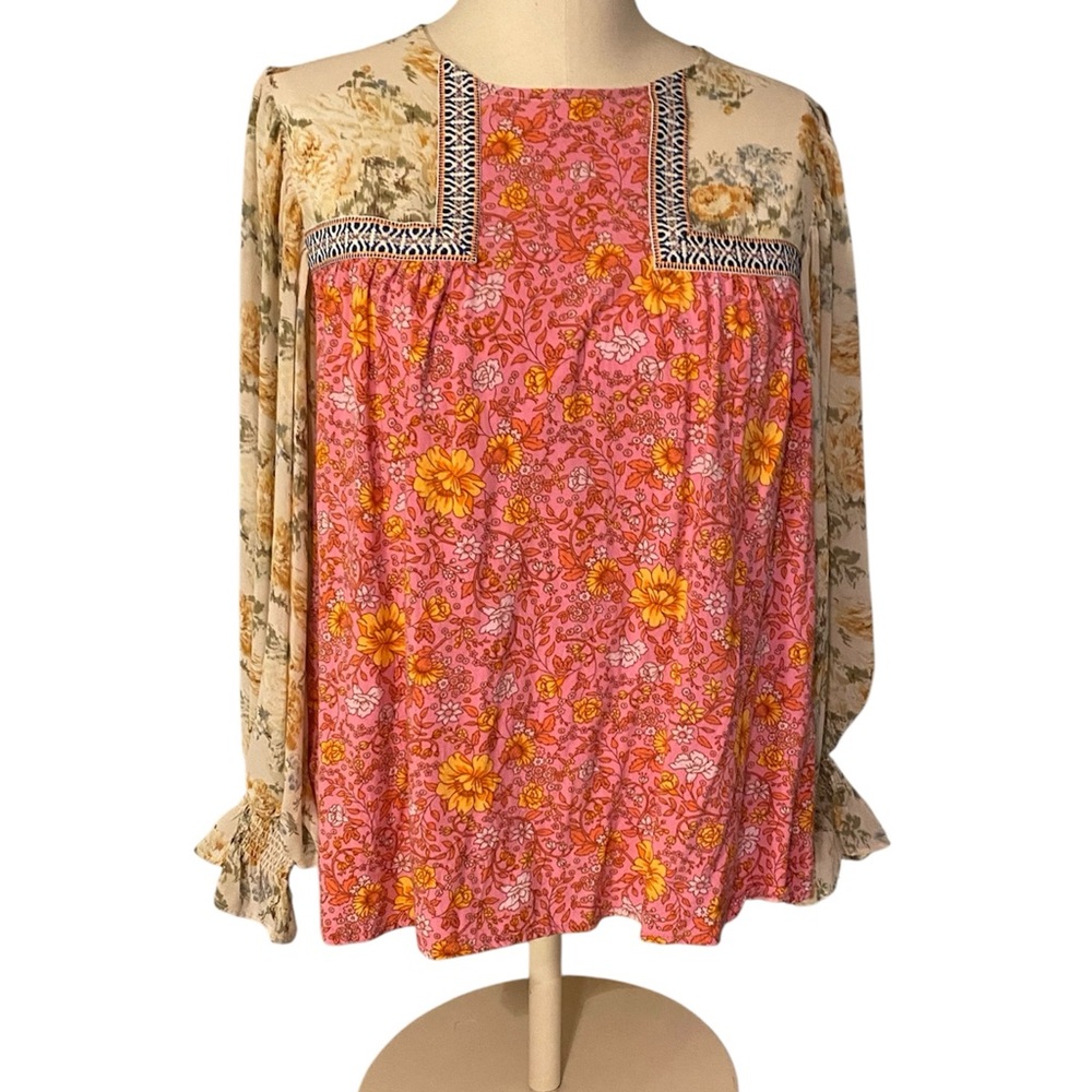 ENTRO BOHO COTTAGECORE FLORAL EMBROIDERED BLOUSE FAIRY WHIMSY FLOWY TOP SMALL - Picture 3 of 16